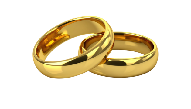 Two intertwined golden wedding bands, gleaming against a stark black backdrop, symbolize commitment and eternal union