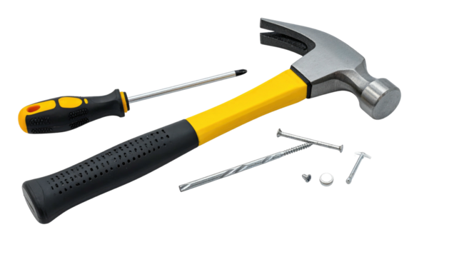 Tools for fixing things a hammer, screwdriver, nails, and screws, against a black background, top down