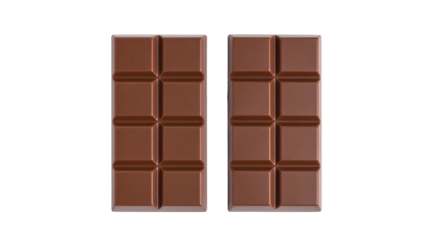 Two chocolate bars, each with 8 squares, aligned vertically against a stark black background