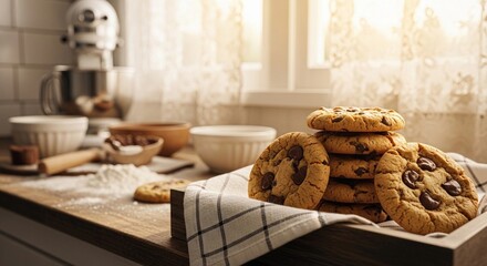 Freshly baked chocolate chip cookies with golden edges, arranged on a rustic wooden tray in a cozy vintage kitchen