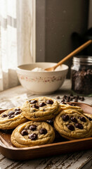 Freshly baked chocolate chip cookies with golden edges, arranged on a rustic wooden tray in a cozy vintage kitchen