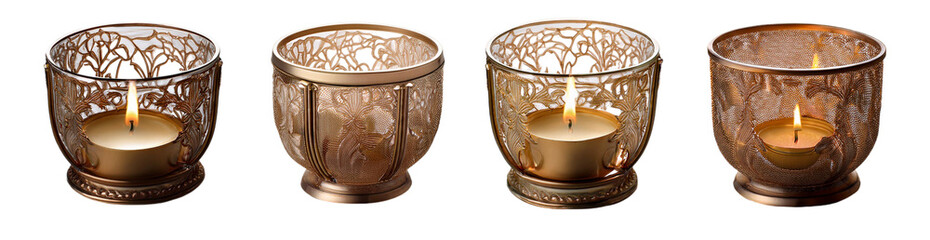 Intricate decorative candle holders with candles inside isolated on transparent background