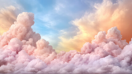 Soft pink clouds illuminated by warm sunlight create serene atmosphere in sky