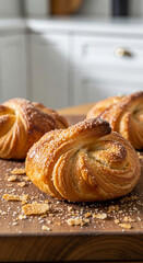Freshly baked pastries with caramelized sugar and flaky layers, placed on a wooden board in a clean bright kitchen