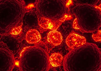 Microscopic view of glowing red cells with intricate internal structures