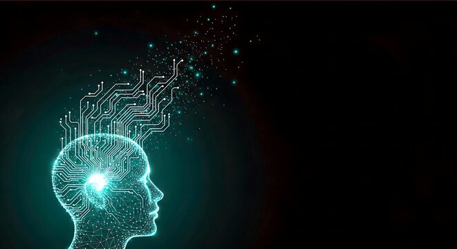 Abstract glowing digital human head silhouette with circuit board patterns and data streams against a dark background