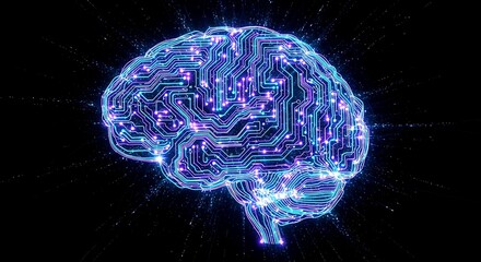 Abstract digital glowing blue brain made of circuits and data streams on a dark background