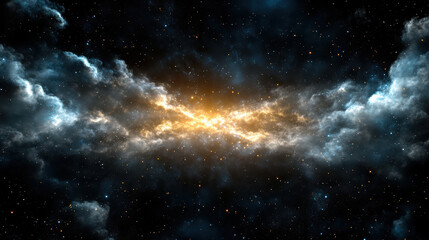 Fototapeta premium Stunning cosmic scene featuring bright, glowing center surrounded by dark clouds and stars