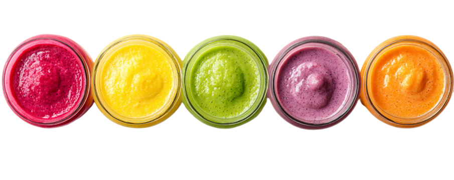 Overhead View of Row of Five Colorful Smoothies on a Transparent Background in Red Yellow Green Purple and Orange, PNG