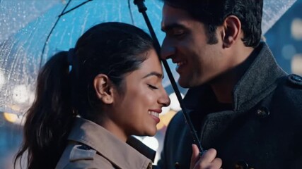 loving couple sharing umbrella on rainy evening