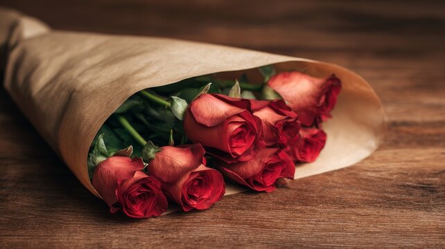 Romantic bouquet of vibrant red roses wrapped in brown paper lying on rustic wooden table for valentine’s day love and celebration