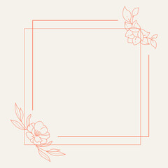 Floral and square hand drawn style. Floral red frame of twigs, leaves and flowers. Frames for the Valentine's day, wedding decor, logo and identity template.