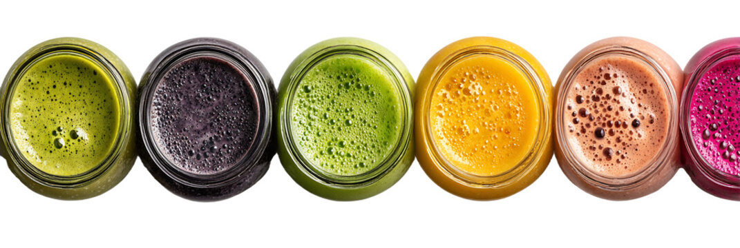 Overhead View of Six Jars Containing Colorful Smoothies in Green Purple Yellow Peach and Pink Tones on a Transparent Background, PNG
