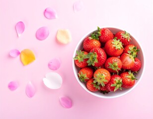 Bowl of vibrant red strawberries amidst scattered pink and yellow petals