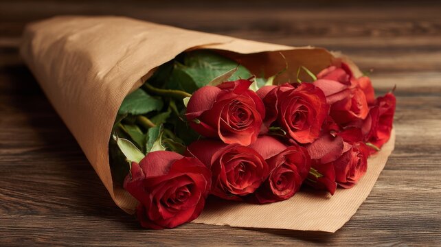 Romantic bouquet of vibrant red roses wrapped in brown paper lying on rustic wooden table for valentine’s day love and celebration