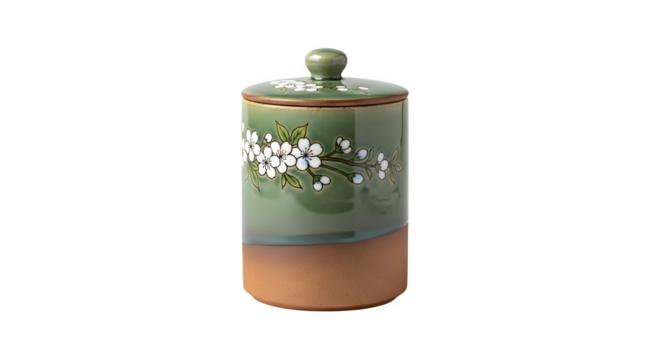 Ceramic jar with lid isolated on transparent background, featuring a green glaze and delicate white floral pattern for kitchen storage