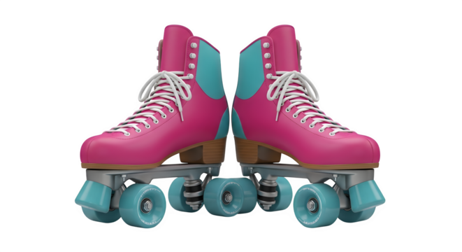 Pair of pink roller skates isolated on transparent background, featuring a retro design with blue wheels and white laces for recreational skating