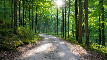 Obraz premium Sunlight filtering through tall trees over winding forest path creates serene atmosphere
