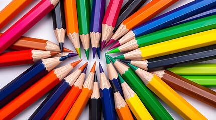 A vibrant circular arrangement of sharpened colored pencils creates an inspiring and artistic display, perfect for educational or creative projects.
