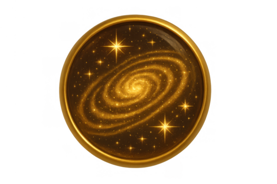 Golden spiral galaxy with sparkling stars in a circular frame, representing spirituality, universe, and magic. Transparent background