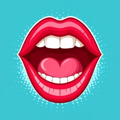 Naklejka premium Bold cartoon-style illustration of a wide-open mouth with bright red lips and sparkling white teeth against a turquoise dotted background