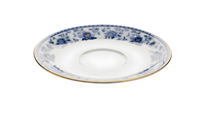 Elegant saucer with blue floral pattern isolated on transparent background, showcasing delicate design and craftsmanship for tea sets and tableware collections