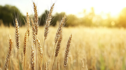 Fototapeta premium Golden wheat field at sunset creates soft, nostalgic atmosphere