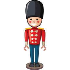 Cartoon Toy Soldier Guard in Red Uniform and Tall Black Hat with Buttons on White Background