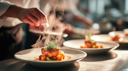 A chef garnishes a beautifully plated dish, emitting steam, showcasing culinary artistry in a professional kitchen setting.
