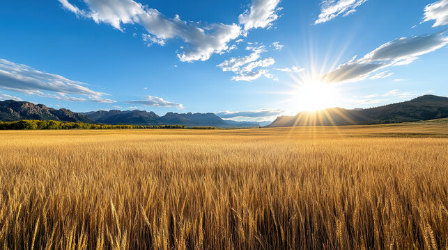 Golden wheat field under bright sun with distant mountains and blue sky creates serene landscape