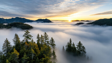 Fototapeta premium Majestic sunrise over misty mountains, with fog enveloping lush green trees and valleys