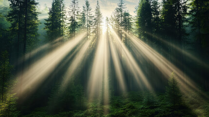 Obraz premium Misty forest with golden beams of sunlight filtering through tall trees, creating serene