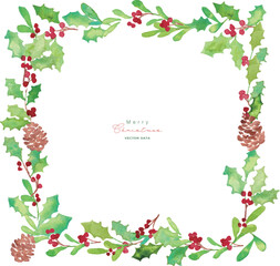クリスマスのリースフレーム。水彩タッチのクリスマスベクターイラスト。柊とトナカイ。
Christmas wreath frame. Watercolor Christmas illustration. Holly and reindeer.