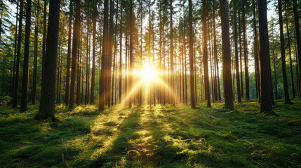 Obraz premium Sunrise through pine forest creates ethereal atmosphere with golden light illuminating greenery
