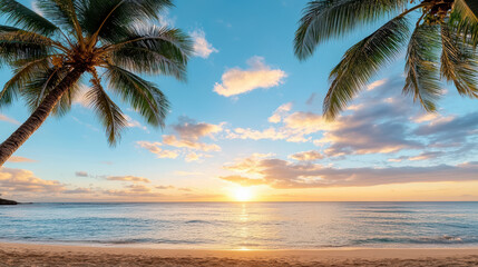 Fototapeta premium Sunset over calm ocean with palm trees framing scene, creating serene tropical atmosphere