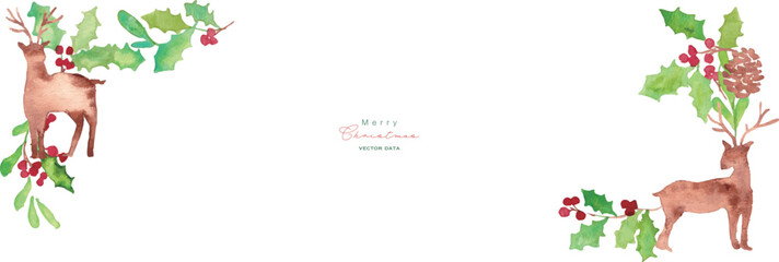 クリスマスのリースフレーム。水彩タッチのクリスマスベクターイラスト。柊とトナカイ。
Christmas wreath frame. Watercolor Christmas illustration. Holly and reindeer.