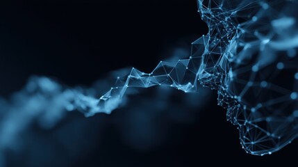 A digital representation of a human face formed by glowing blue geometric lines, with wisps of data or energy flowing outward.