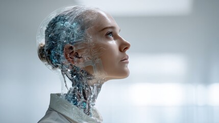 A futuristic humanoid figure with a transparent, robotic head showcasing intricate circuitry, exemplifying the blend of technology and human features.