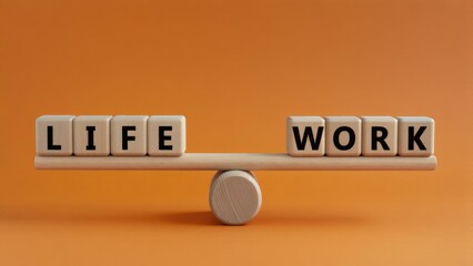 Work life balance concept. Balancing life and work concepts with wooden blocks on an orange background.