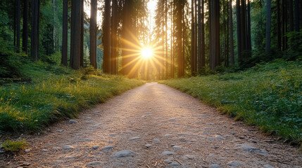 Sunset light over quiet forest path creates calm and cinematic atmosphere © siraphol