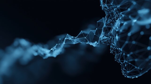 A digital representation of a human face formed by glowing blue geometric lines, with wisps of data or energy flowing outward.