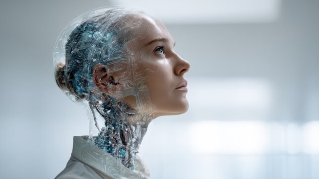 A futuristic humanoid figure with a transparent, robotic head showcasing intricate circuitry, exemplifying the blend of technology and human features.