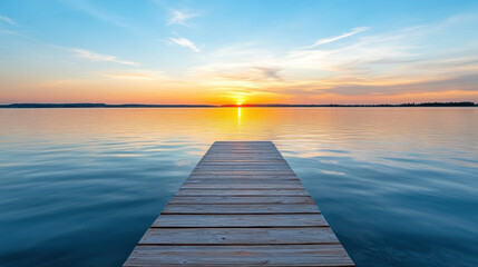Naklejka premium Sunset over calm lake with serene reflections and warm pastel colors creates tranquil atmosphere