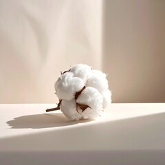 Close-up image of a fluffy white cotton boll, soft shadows, neutral background