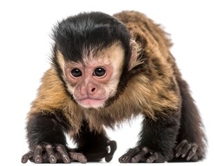 Close-up of a capuchin monkey crawling on all fours, focused forward