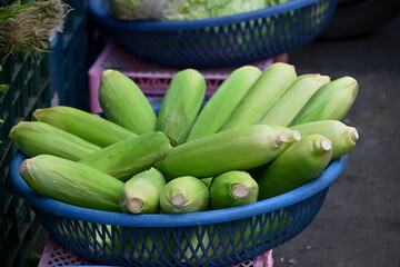 Fresh corn with light green husks and yellow silk in blue basket, pink crate beneath, soft-focused background with basket and vegetables, market produce display, Taiwan.
