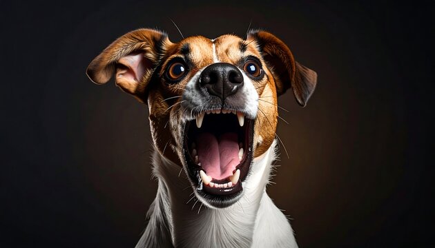 Close-up of a dog snarling with bared teeth on a dark background
