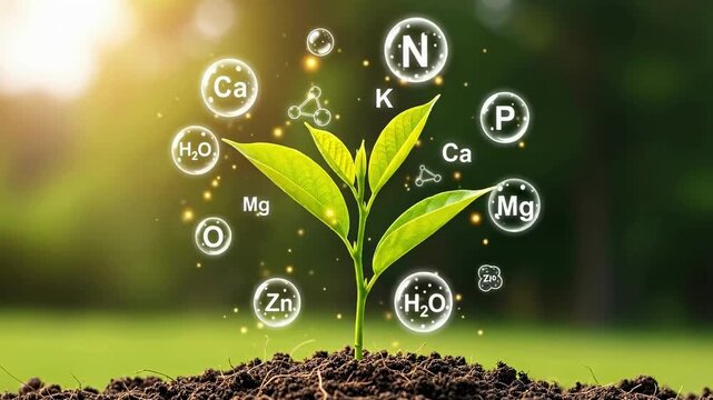 A young plant growing in soil with floating bubbles showing key nutrients (Ca, N, K, Mg, etc.) and water, symbolizing agricultural science.