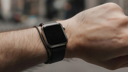 Close-up of a wrist wearing a smartwatch with colorful display against a blurred background