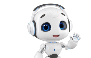 Friendly AI Companion: A cheerful robot companion with advanced technology welcomes the viewer with a friendly wave, symbolizing technological advancement and accessibility.